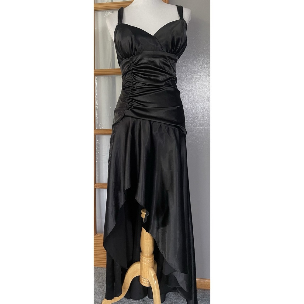 Vtg 80s Cumbia Satin Formal Dress Sz M Black Ruched High Low Hem Back Lacing USA